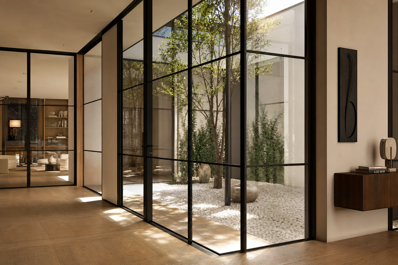Floor-to-ceiling steel framed glass partitions in a premium residential interior