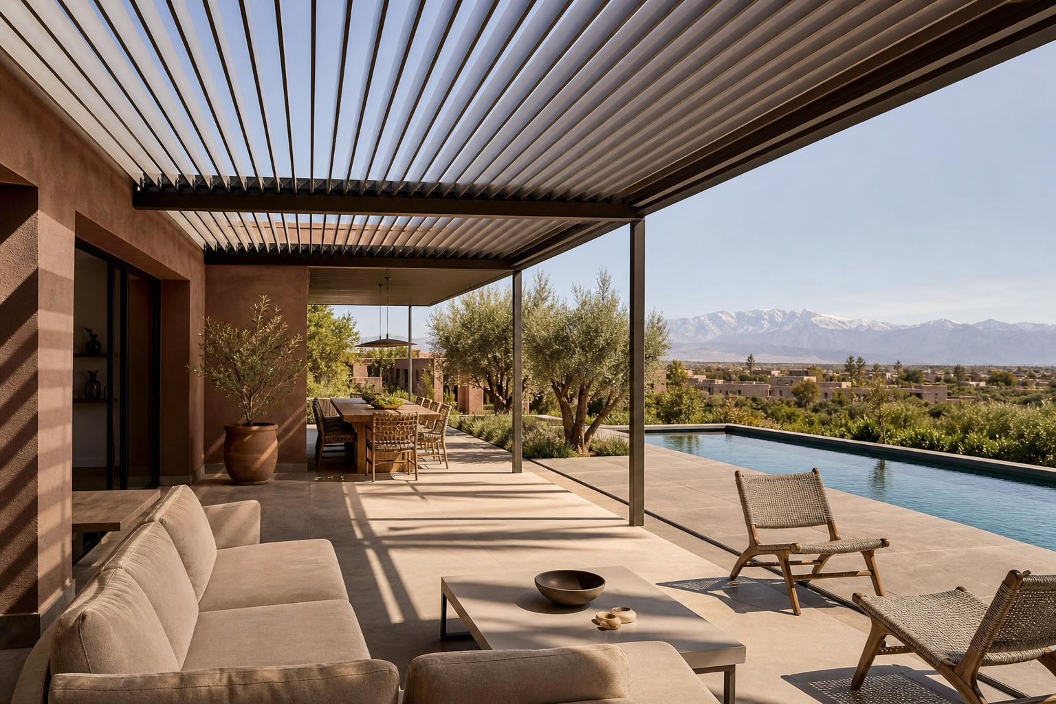 Motorized bioclimatic pergola with adjustable aluminium louvers on a luxury villa terrace in Marrakech