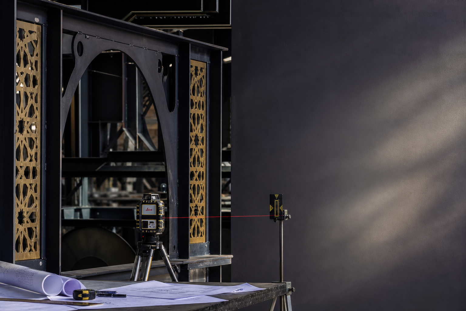 Monumental steel structure measured with precision laser instruments — French engineering and Moroccan craftsmanship