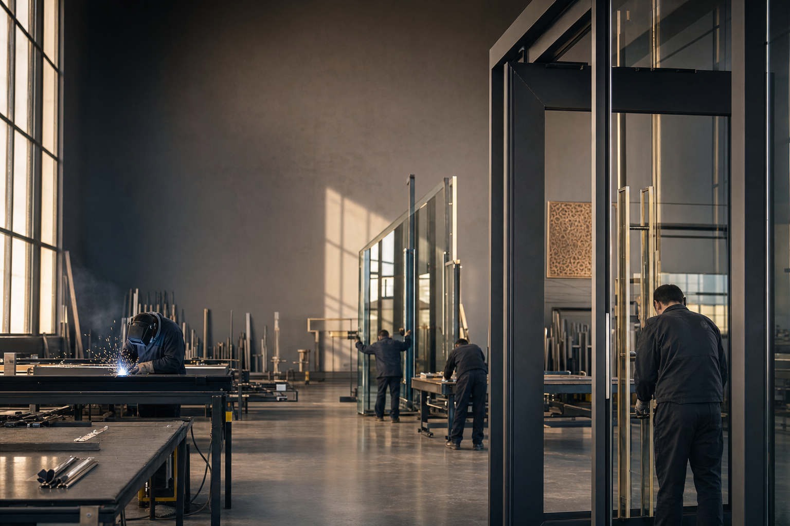 Master craftsmen fabricating luxury steel and glass architectural structure in a premium Moroccan engineering workshop