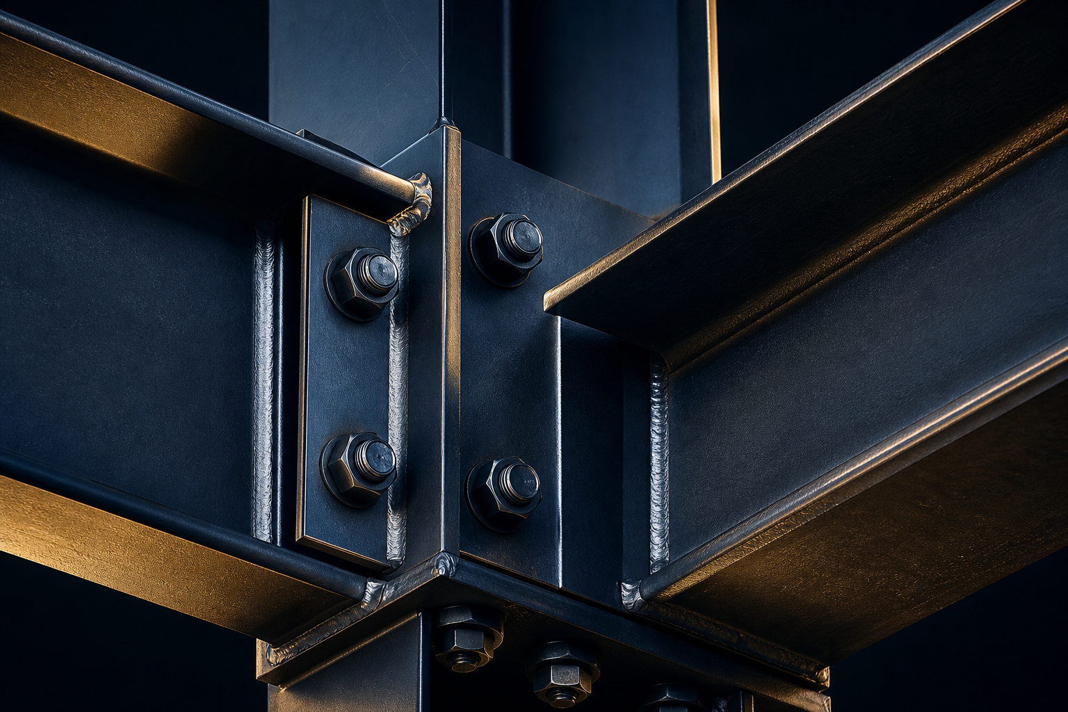 Structural steel connections engineered to European standards — precision welding and architectural bolts