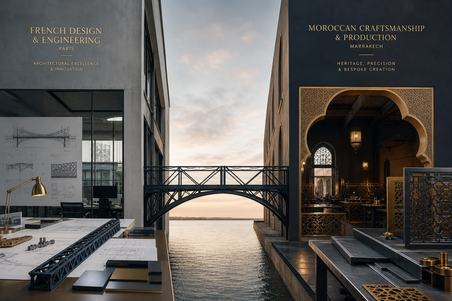 French architectural office and Moroccan production workshop connected by an elegant engineered steel bridge