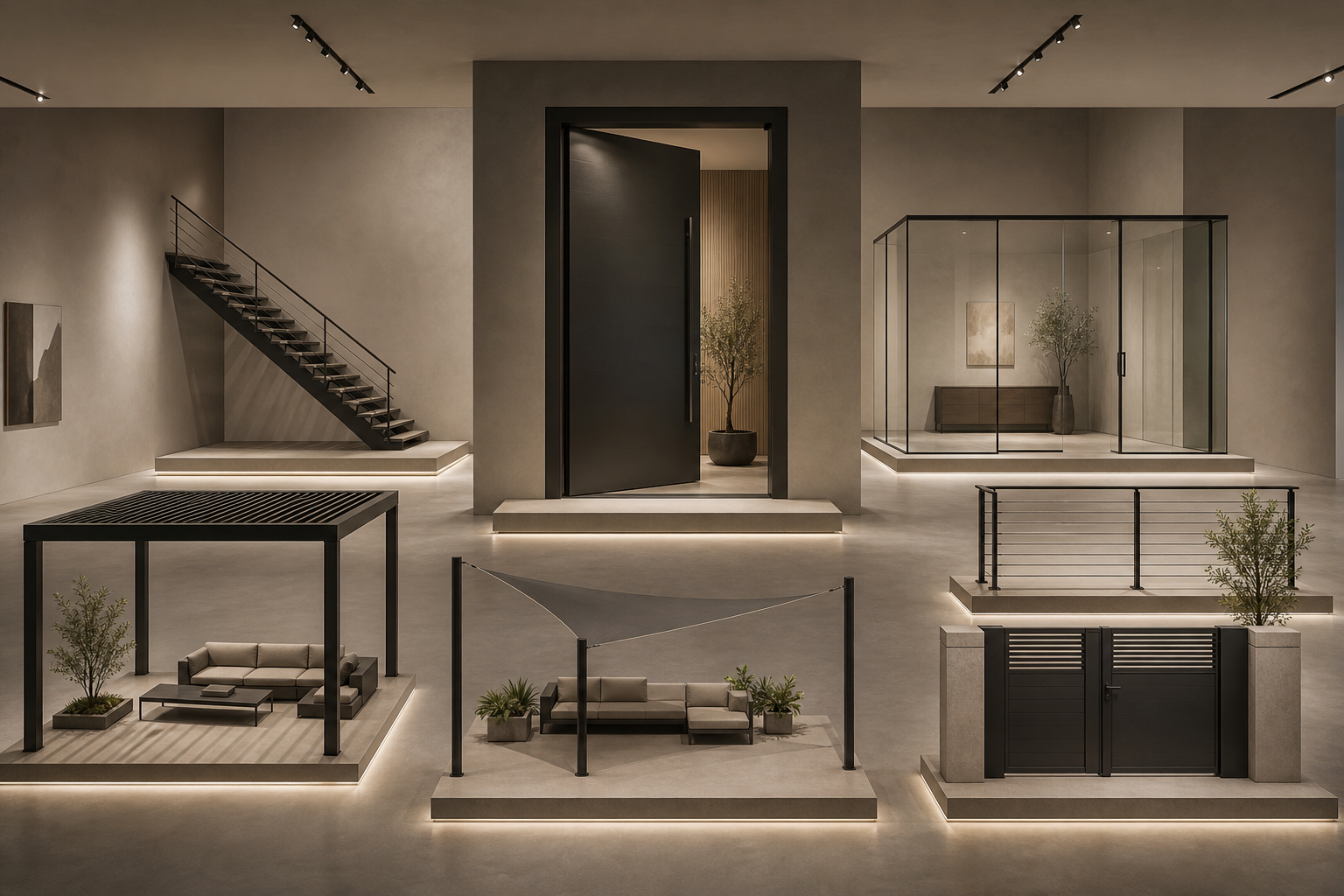 Seven premium architectural products displayed in a refined architectural gallery