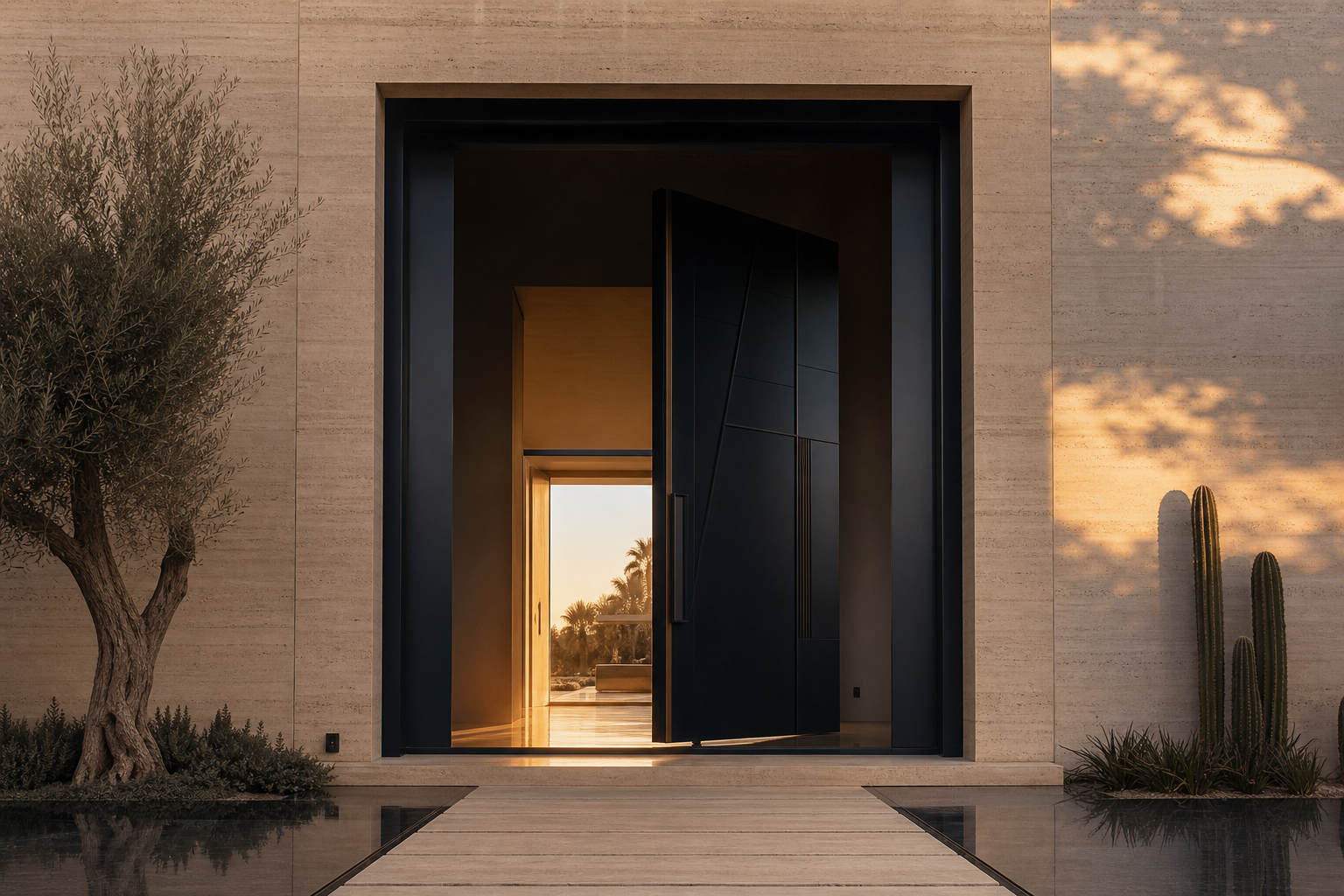 Massive custom black steel pivot door installed in an ultra-modern luxury villa in Marrakech