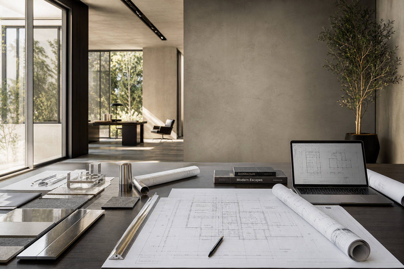 Minimal luxury architectural office with engineering blueprints and material samples