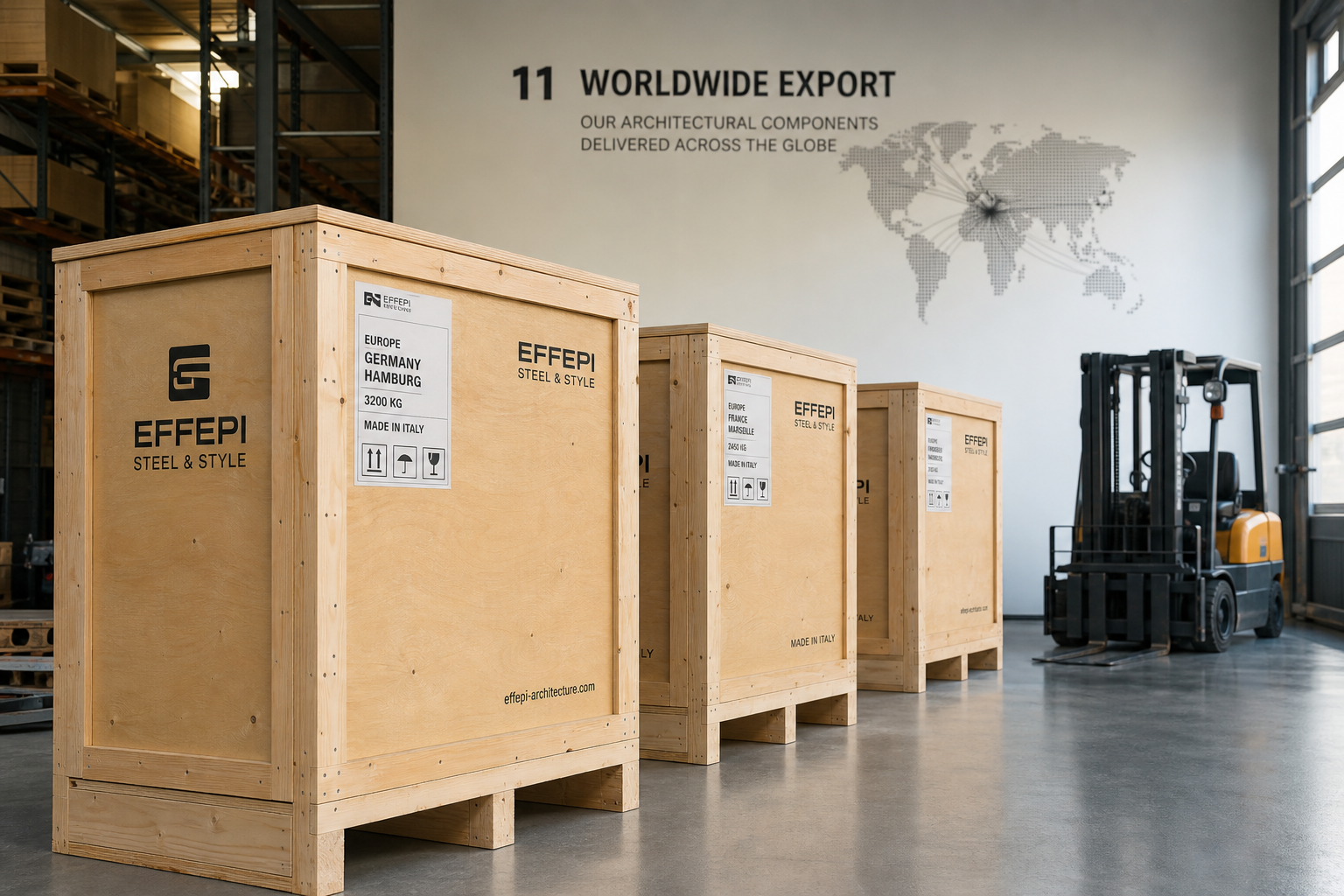 Luxury engineered steel architectural components prepared for international export